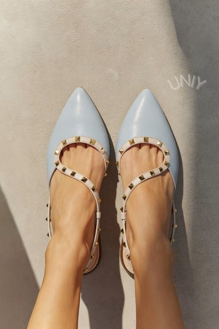 Light Blue Leather Pointed Toe Studded Slingback Flats [Pre Order]