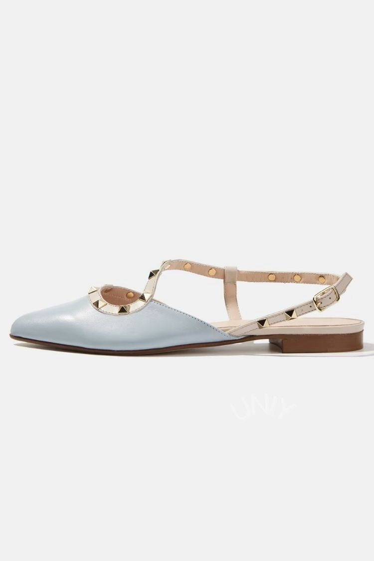 Light Blue Leather Pointed Toe Studded Slingback Flats [Pre Order]