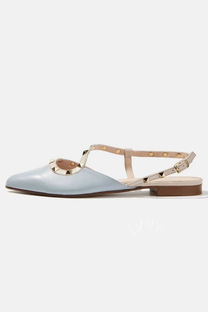 Light Blue Leather Pointed Toe Studded Slingback Flats [Pre Order]