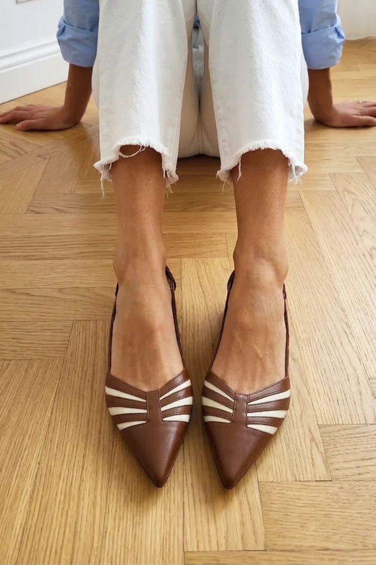 Vintage Brown Contrast Striped Pointed Toe Flats [Pre Order]