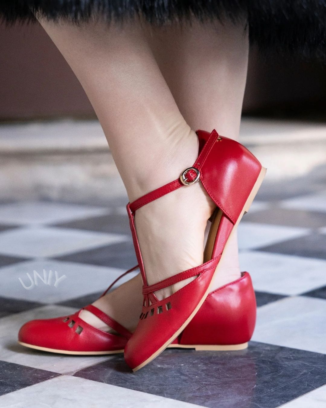 Red PU Leather T-Strap Cutout Round Toe Mary Jane Flats [Pre Order]