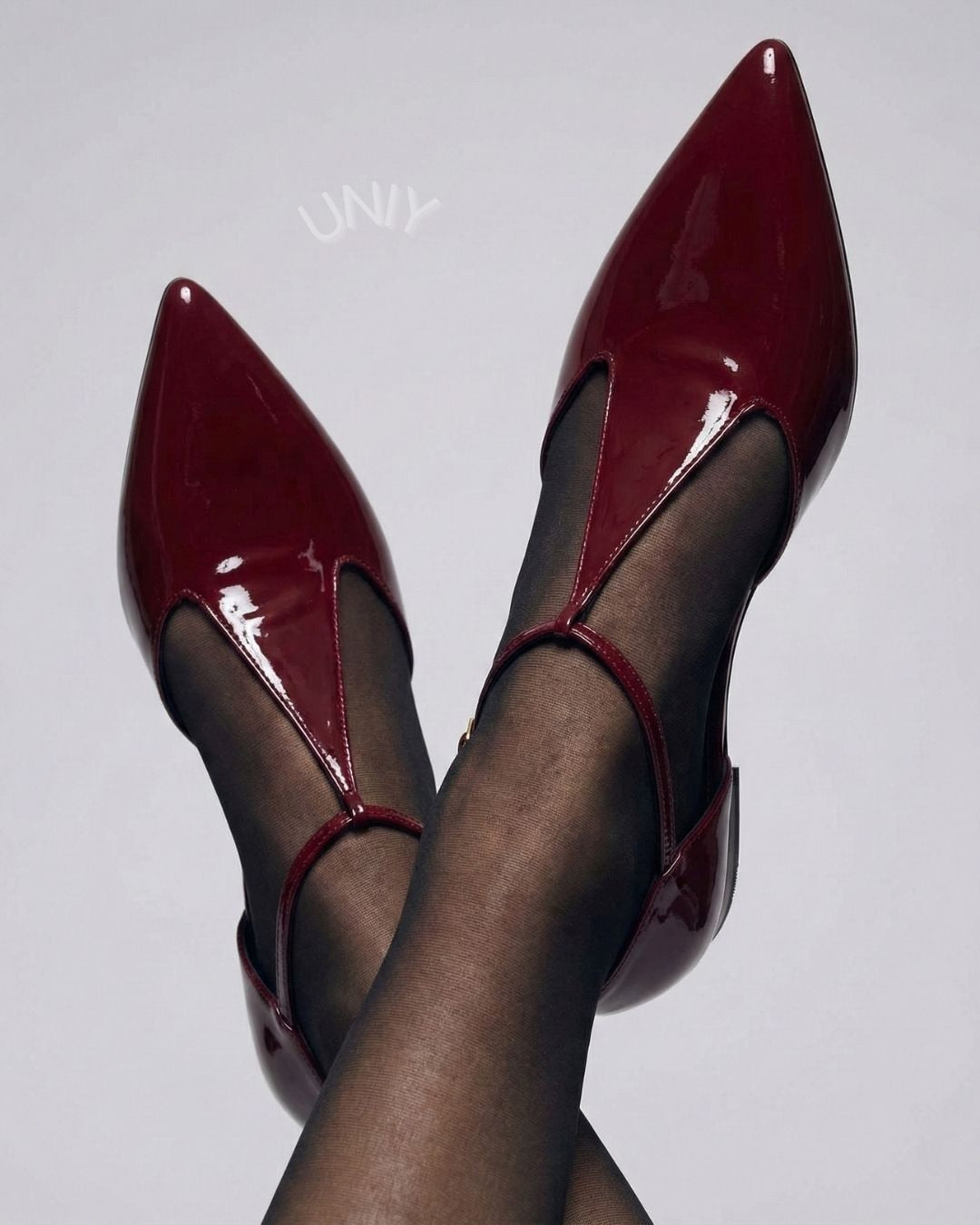 Burgundy Patent PU Leather Pointed Toe T-Strap Flats [Pre Order]