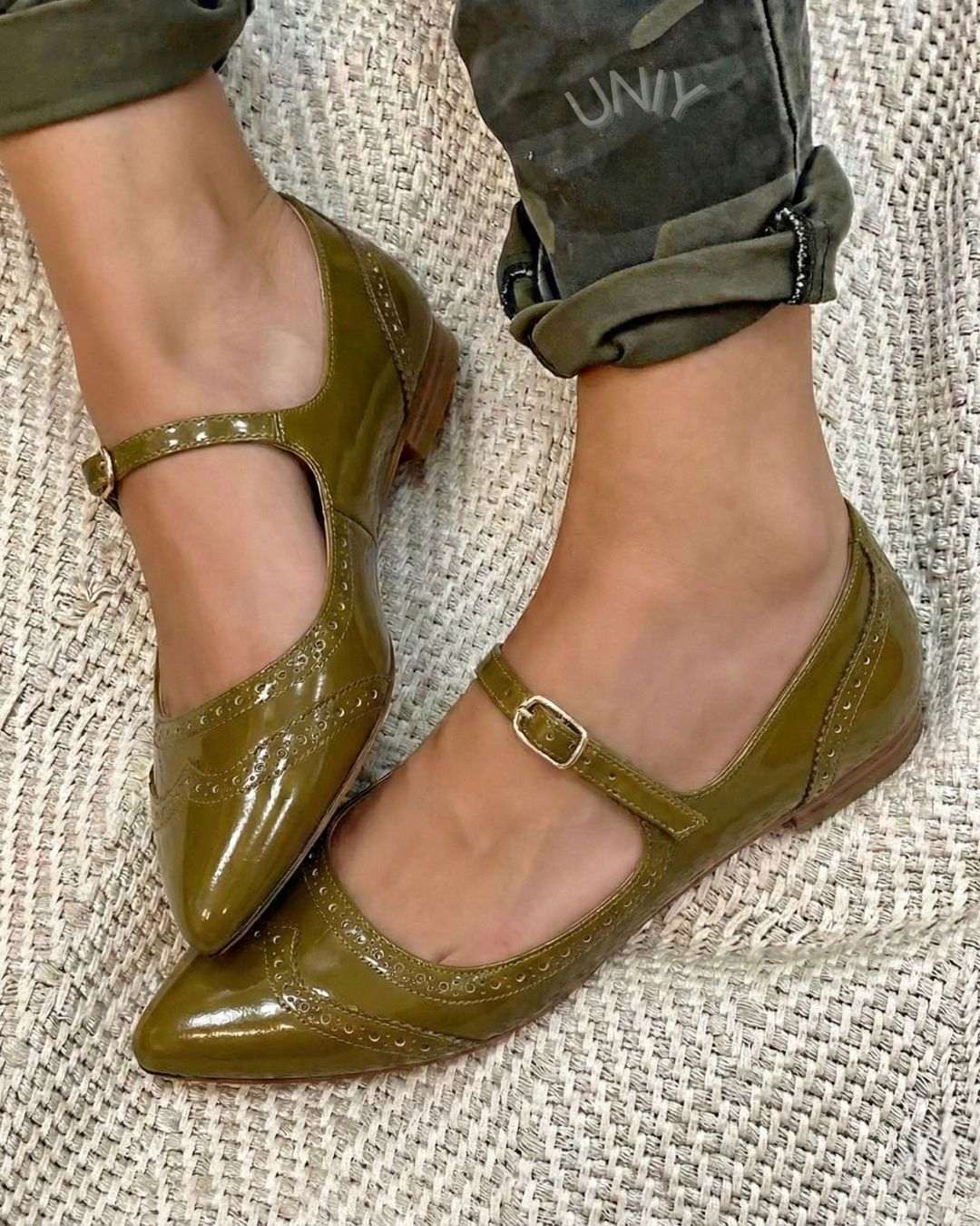 Green Patent Leather Pointed Toe Brogue Mary Jane Flats [Pre Order]