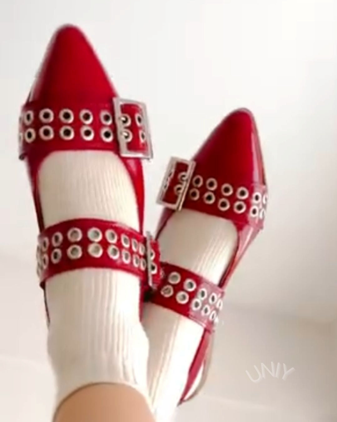 Burgundy Studded Double Strap Pointed Toe Mary Jane Flats [Pre Order]