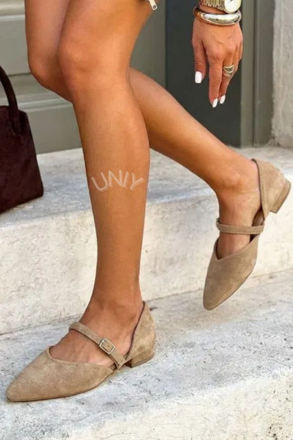 Chic Beige Pointed Toe Faux Suede Strap Flats [Pre Order]