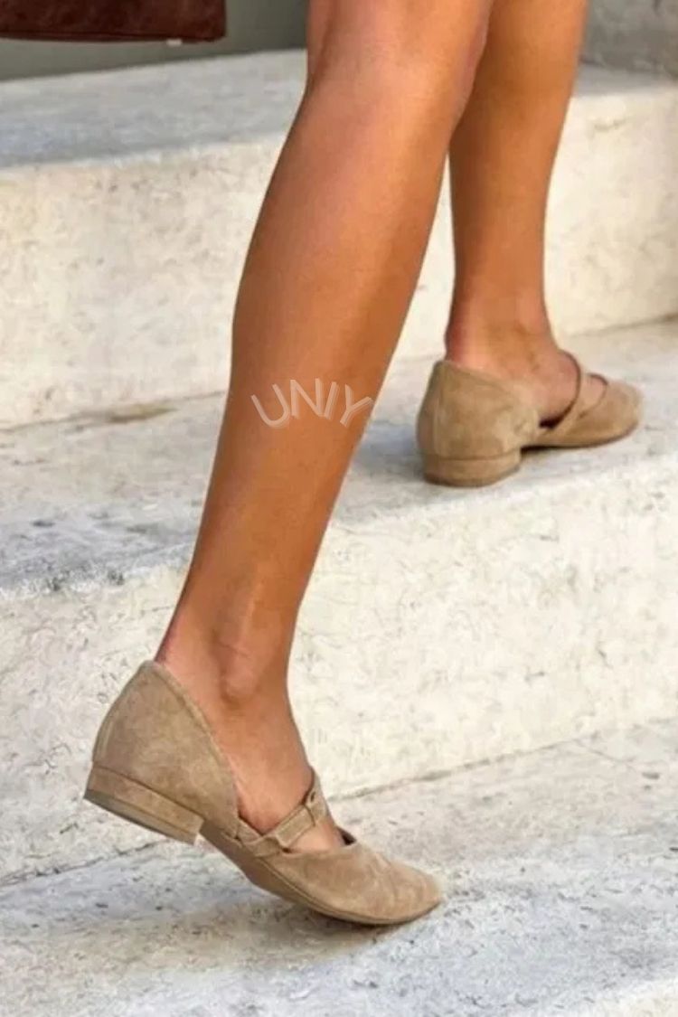 Chic Beige Pointed Toe Faux Suede Strap Flats [Pre Order]