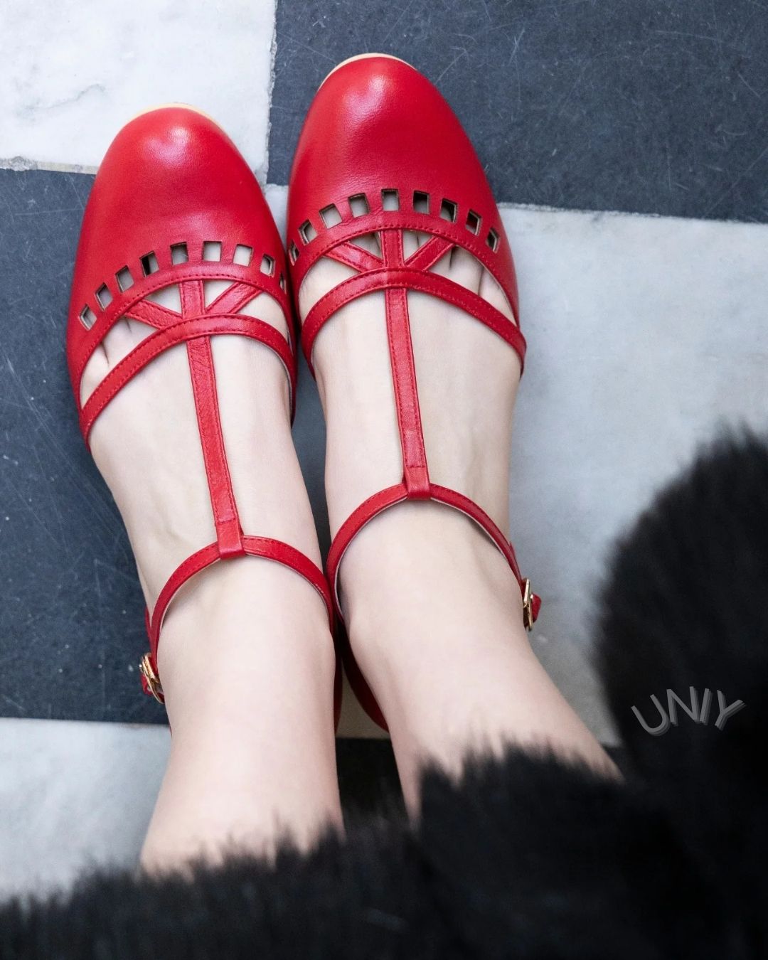 Red PU Leather T-Strap Cutout Round Toe Mary Jane Flats [Pre Order]