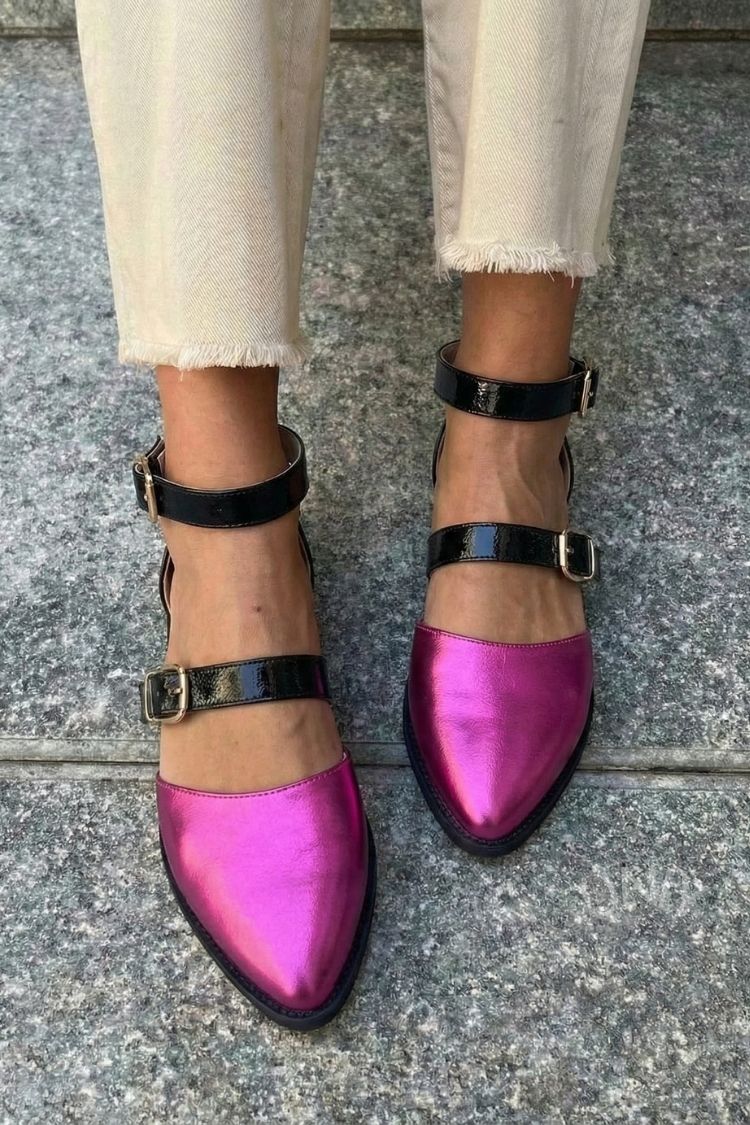 Metallic Fuchsia Black Contrast Double Strap Pointed Toe Flats [Pre Order]