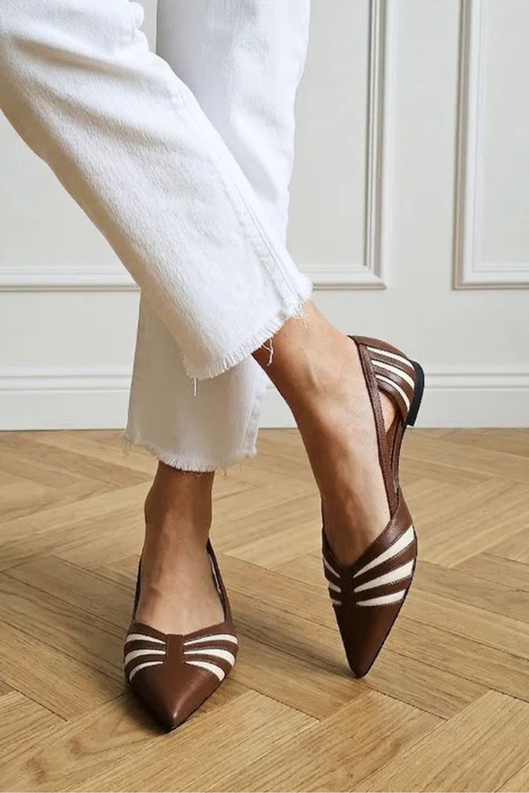 Vintage Brown Contrast Striped Pointed Toe Flats [Pre Order]