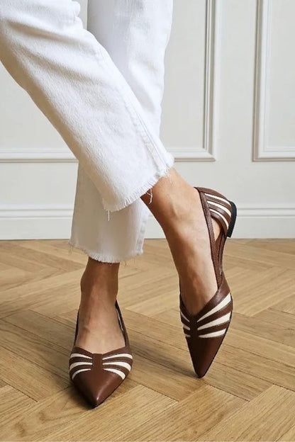Vintage Brown Contrast Striped Pointed Toe Flats [Pre Order]