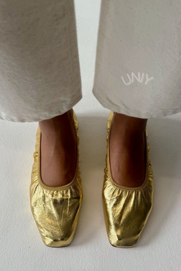 Chic Gold Metallic Square Toe Gathered Ballet Flats [Pre Order]