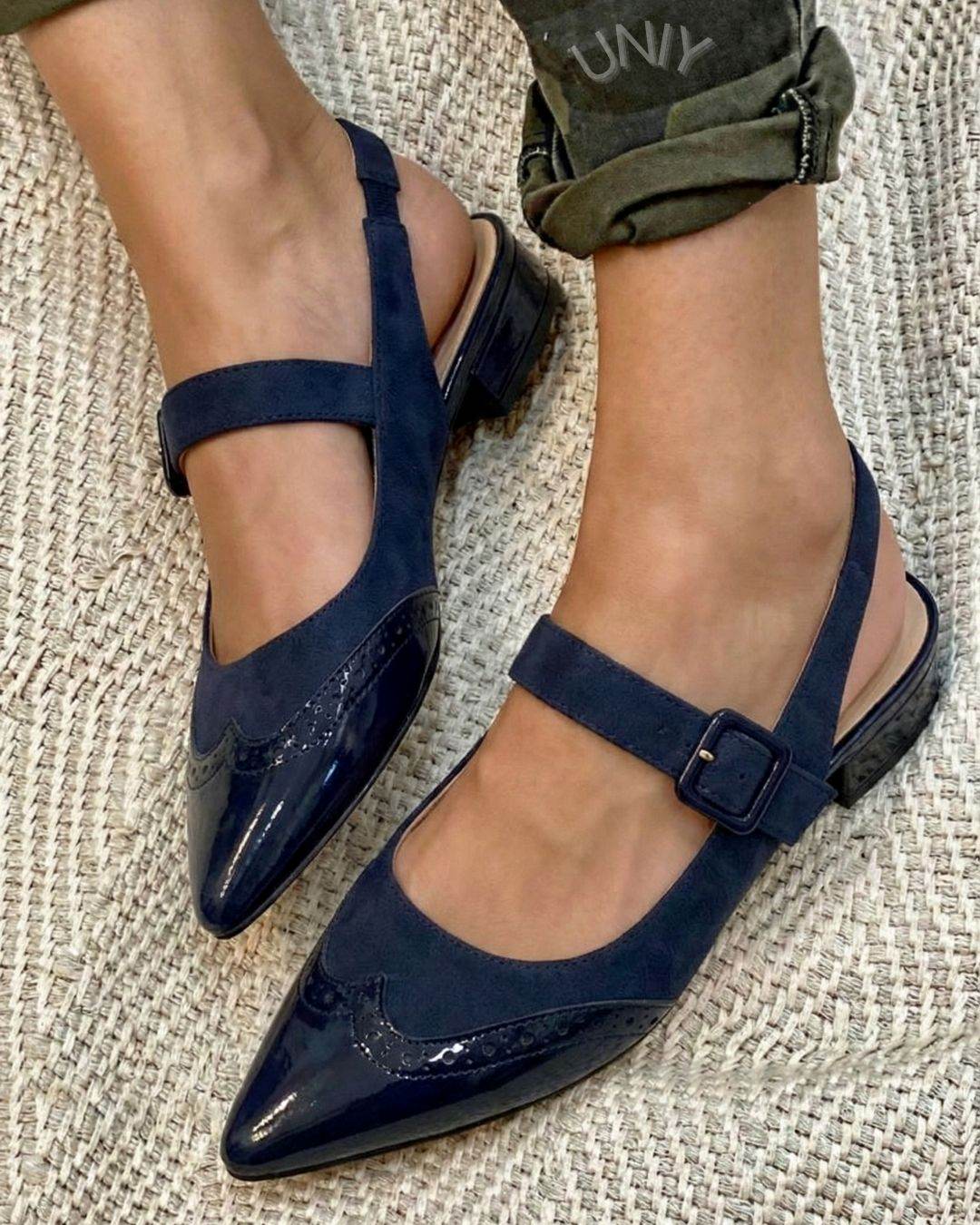 Elegant Navy Patent Brogue Pointed Toe Slingback Flats [Pre Order]