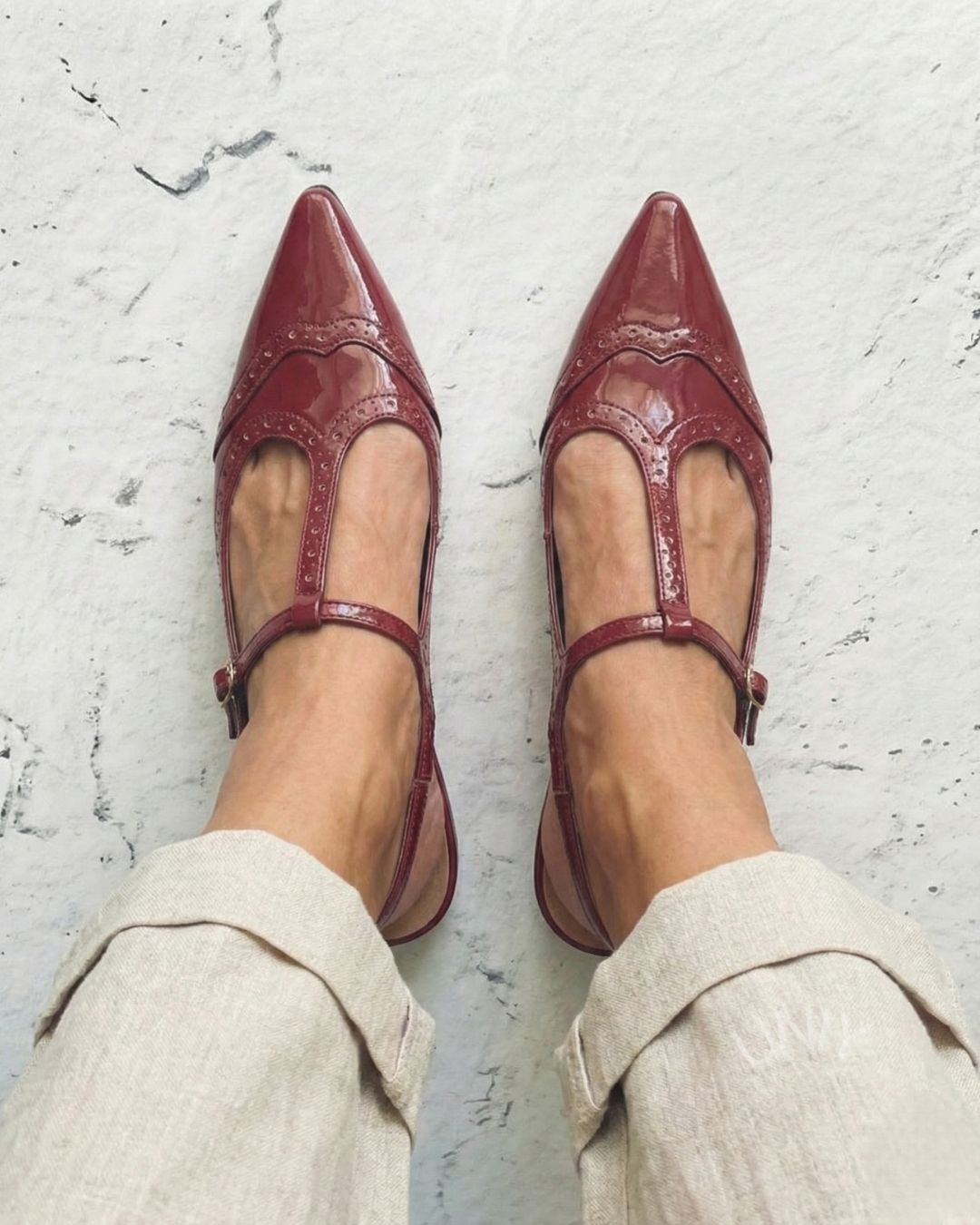 Vintage Burgundy Patent Leather Pointed Toe T-Strap Flats [Pre Order]
