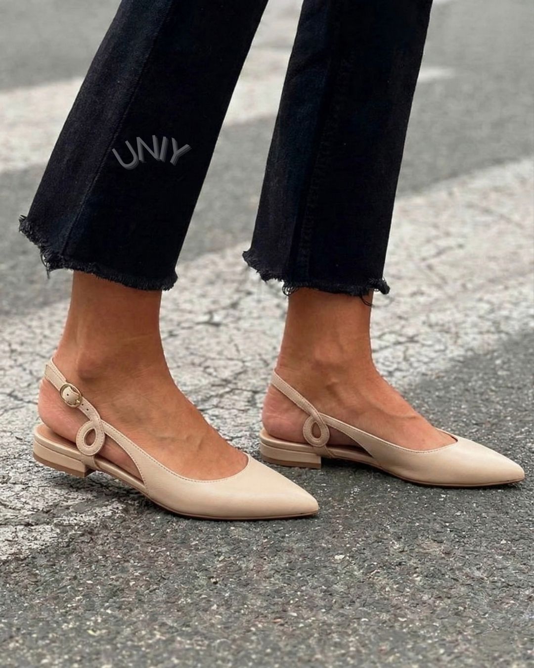 Elegant Beige Leather Pointed Toe Circular Cutout Slingback Flats [Pre Order]