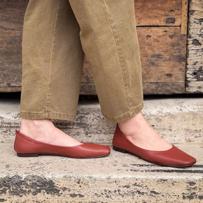 Minimalist Brick Red PU Leather Square Toe Flats [Pre Order]
