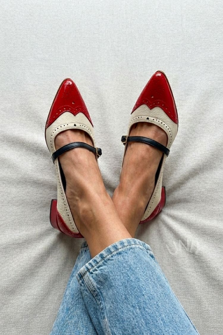 Minimalist Red & White Brogue Design Mary Jane Flats [Pre Order]