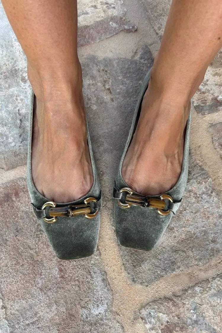 Green Square Toe Suede Metal Buckle Low-Cut Flats