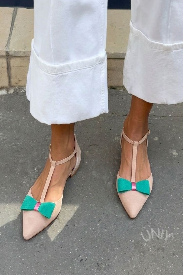 Nude Suede Pointed Toe T-Strap Contrast Green Bow Flats [Pre Order]