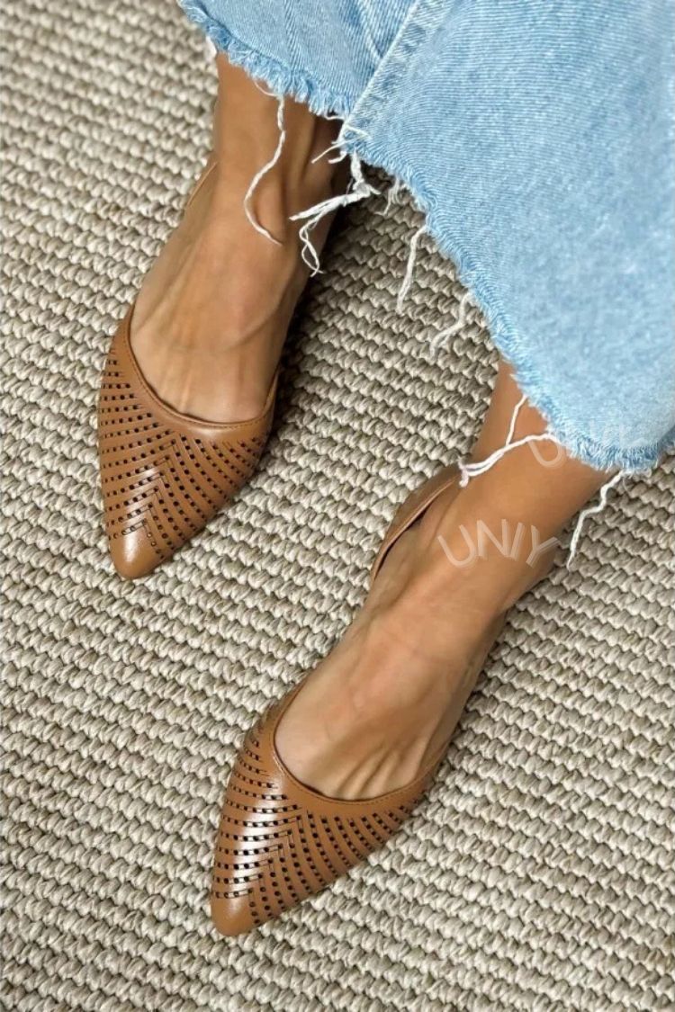 Chic Brown PU Leather Laser Cut Pointed Toe Flats [Pre Order]