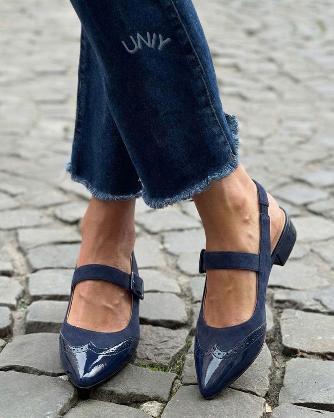 Vintage Navy PU Leather Brogue Mary Jane Slingback Flats [Pre Order]