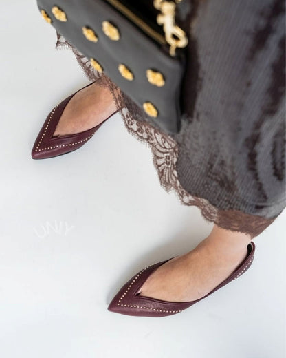 Burgundy V-Cut Studded Detail Pointed Toe Slip-On Flats [Pre Order]