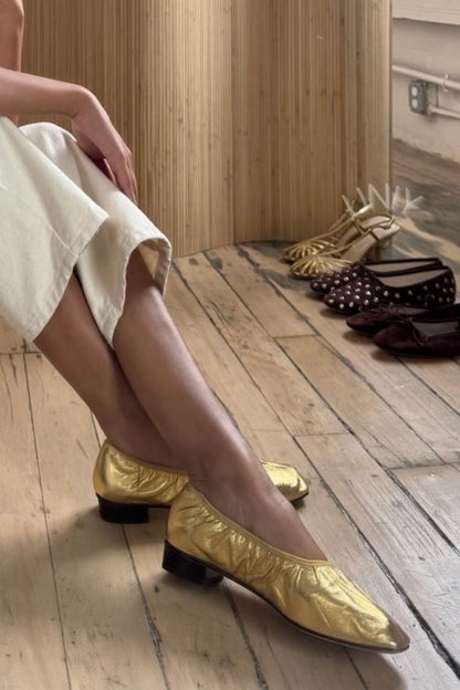 Chic Gold Metallic Square Toe Gathered Ballet Flats [Pre Order]
