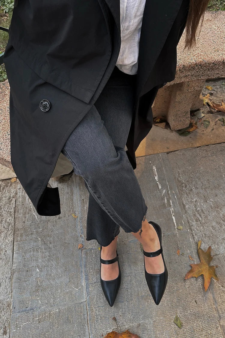 Solid Color Instep Strap Pointed Toe Black Flats