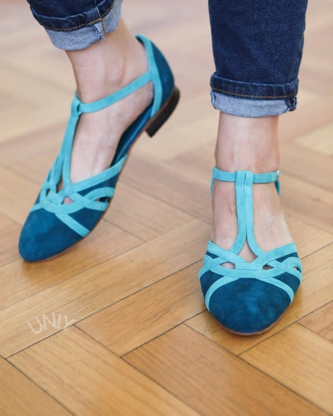 Color Block Faux Suede Pointed Toe Stylish T-Strap Flats [Pre Order]