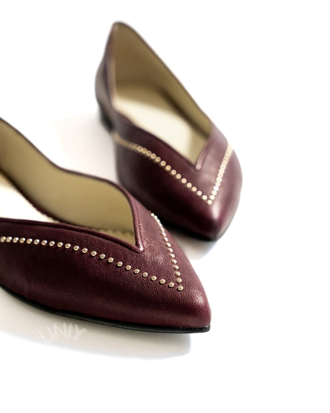 Burgundy V-Cut Studded Detail Pointed Toe Slip-On Flats [Pre Order]