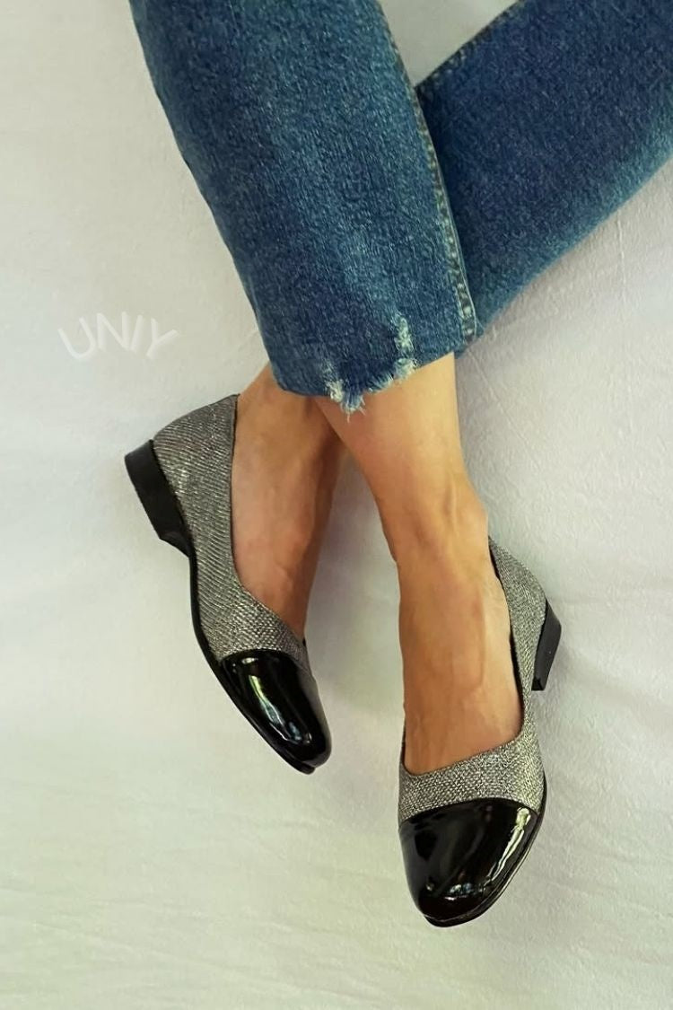 Metallic Silver Glitter Black Patent Cap Toe Flats [Pre Order]