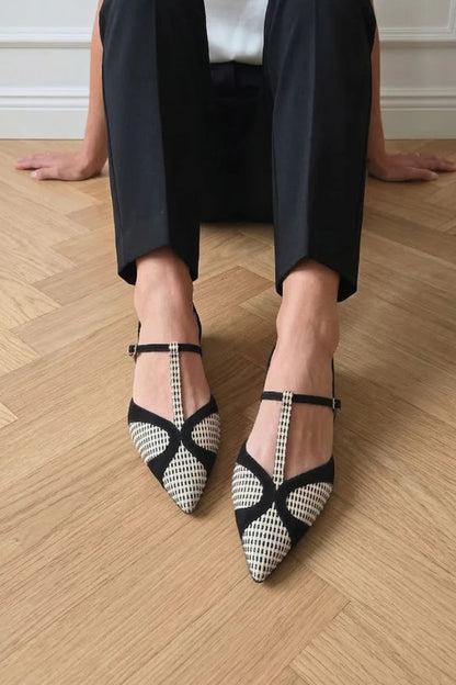 Black& White Geometric T-Strap Pointed Toe Flats [Pre Order]