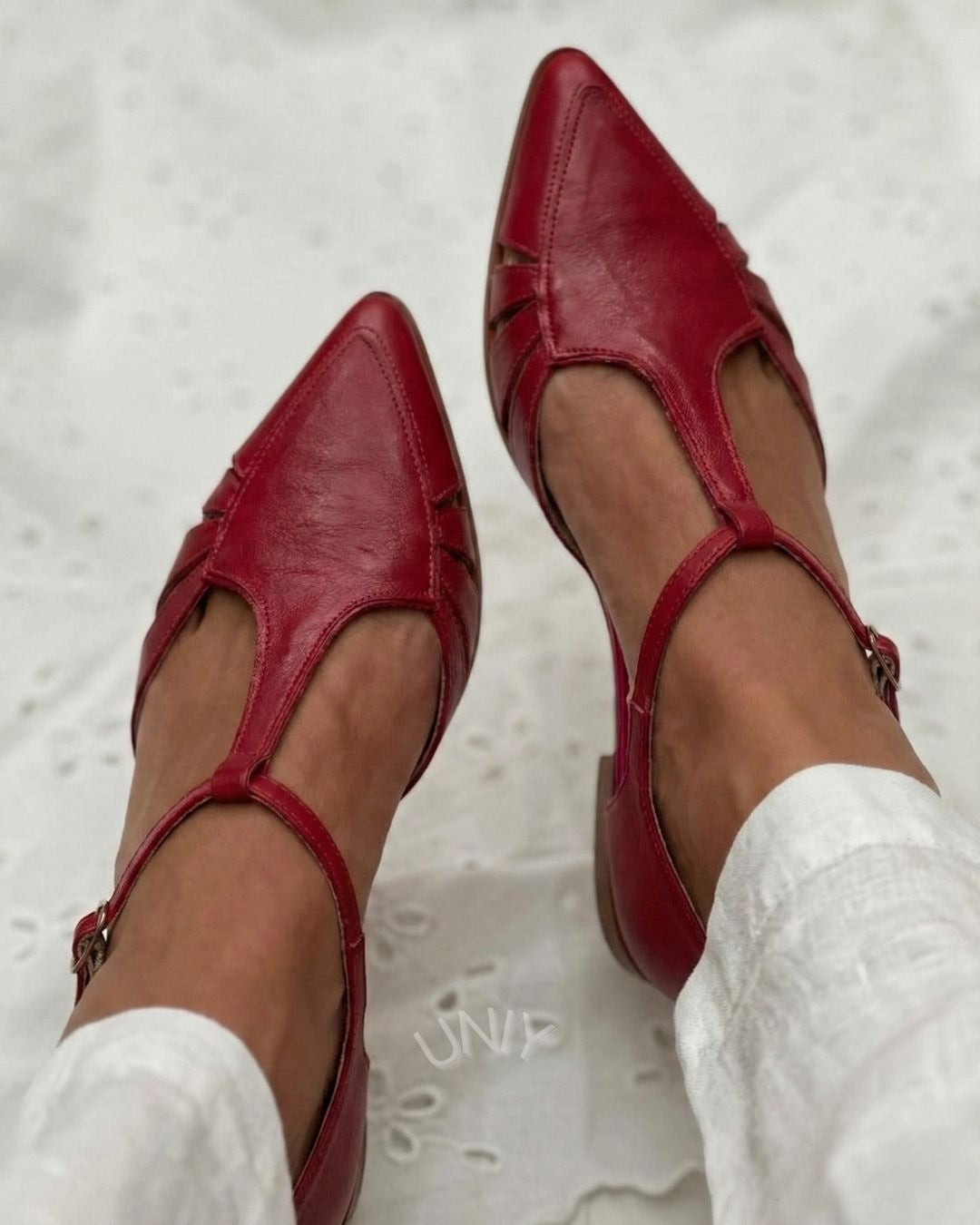 Red Pointed Toe T-Strap Cutout Mary Jane Flats [Pre Order]
