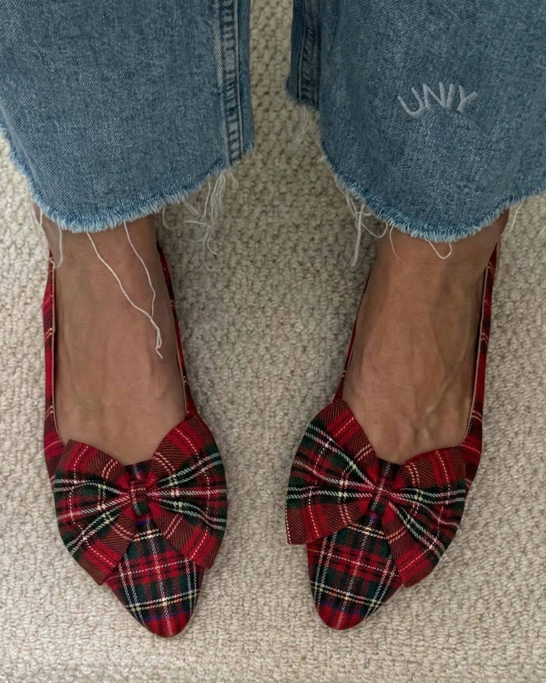 Red Pointed Toe Plaid Bow Detail Mary Jane Flats [Pre Order]