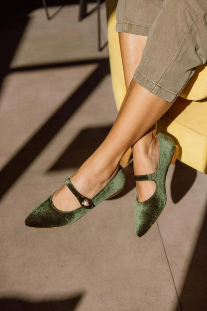Solid Color Velvet Pointed Toe Metal Buckle Flats [Pre Order]