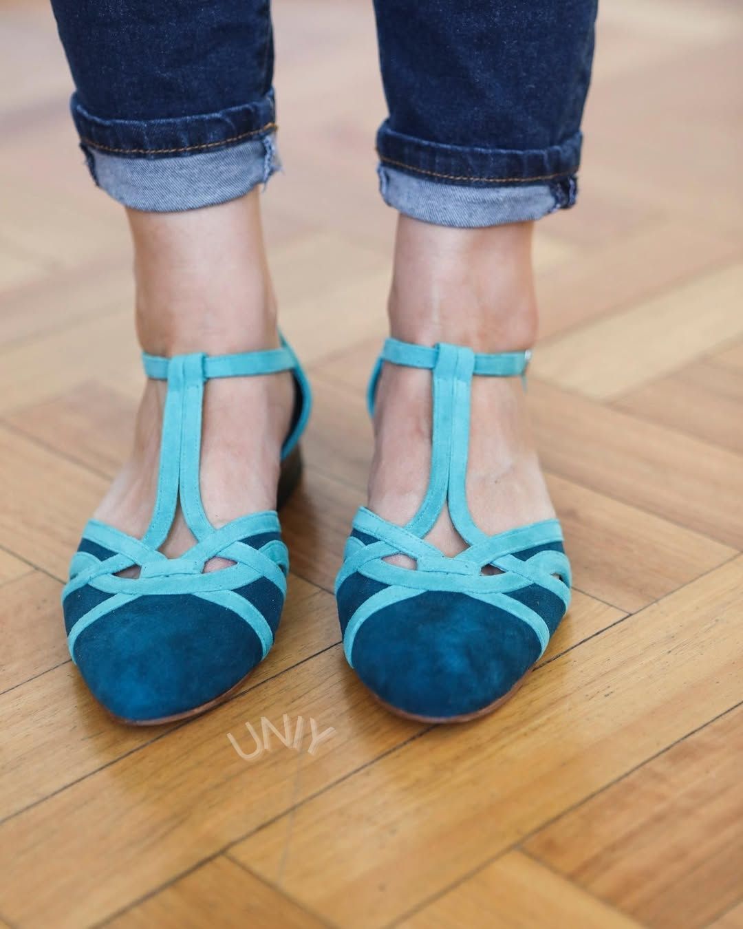Color Block Faux Suede Pointed Toe Stylish T-Strap Flats [Pre Order]