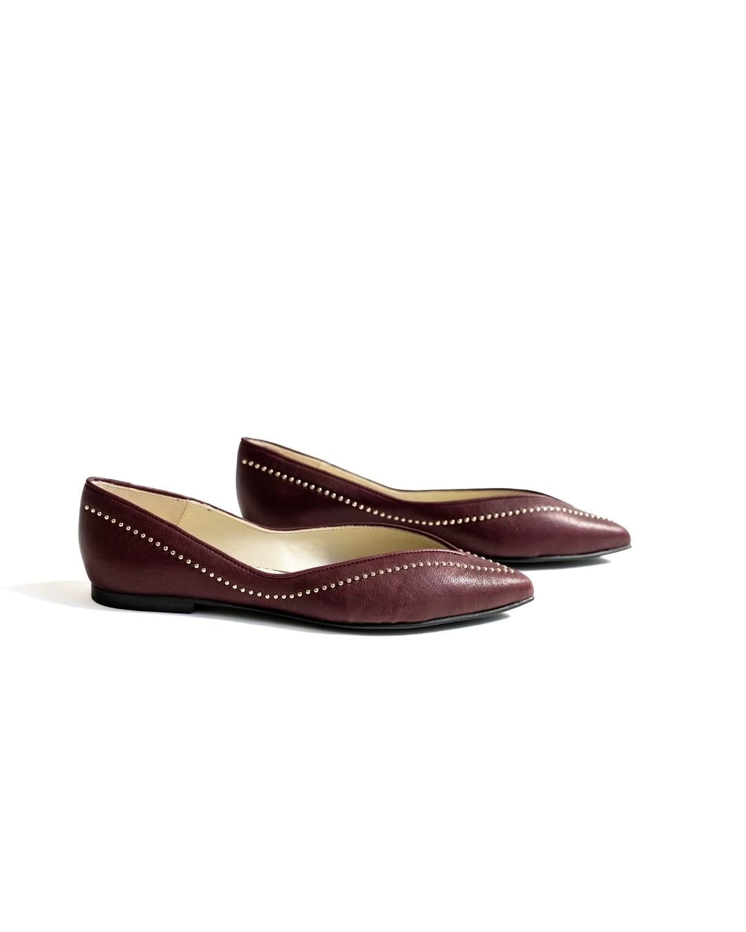 Burgundy V-Cut Studded Detail Pointed Toe Slip-On Flats [Pre Order]