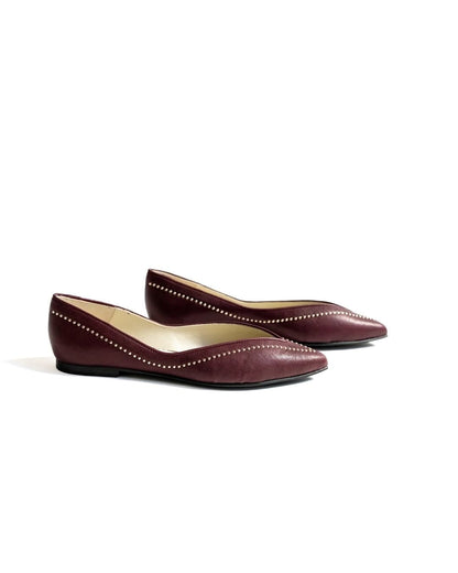 Burgundy V-Cut Studded Detail Pointed Toe Slip-On Flats [Pre Order]