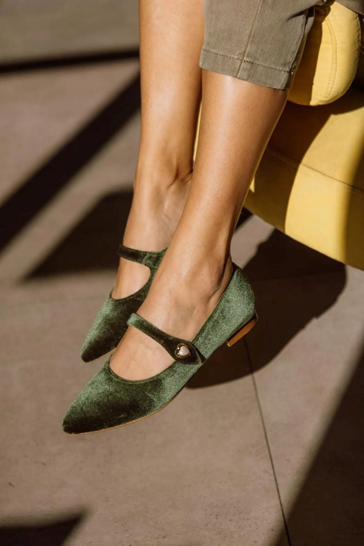 Solid Color Velvet Pointed Toe Metal Buckle Flats [Pre Order]