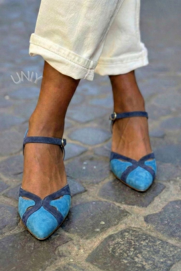 Retro Two-Tone Blue Pointed Toe Cutout Ankle Strap Flats [Pre Order]