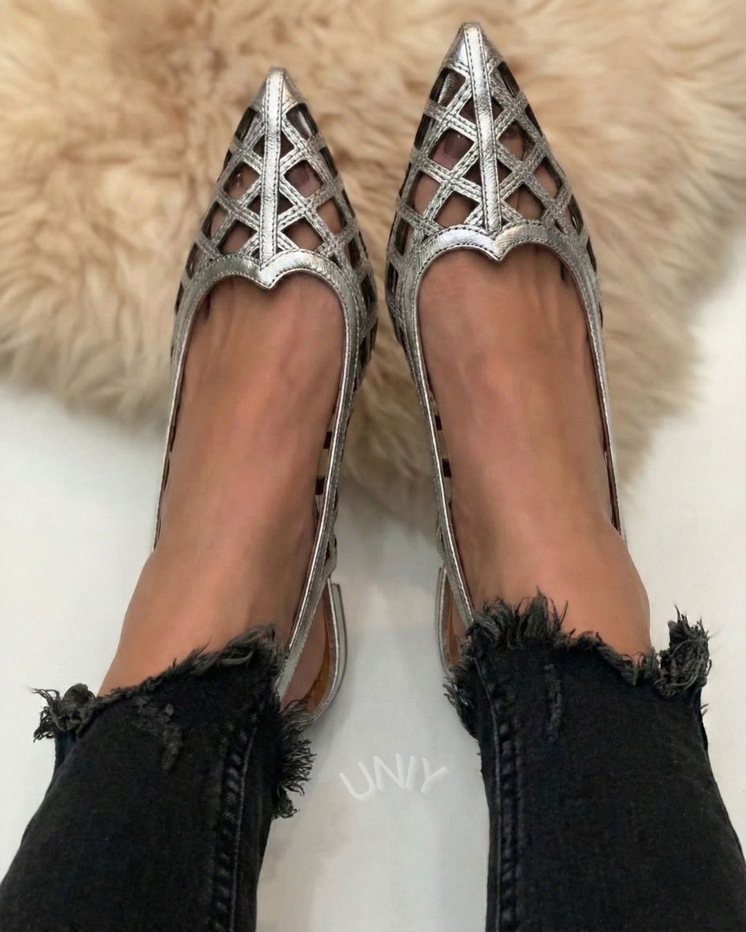 Silver Cutout Woven Pointed Toe Slingback Elegant Flats [Pre Order]