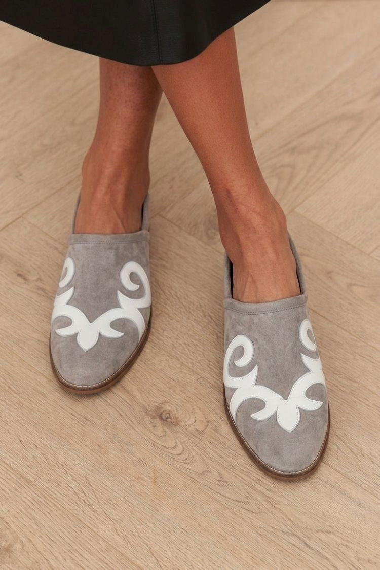 Vintage Grey Faux Suede White Appliqué Flats [Pre Order]
