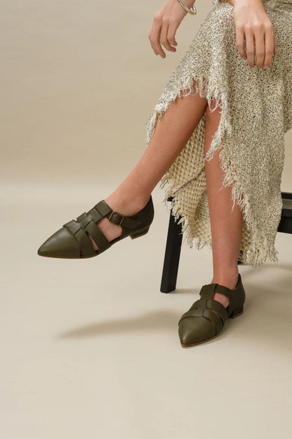 Green Pointed Toe Strappy Cut-Out Mary Jane Flats [Pre Order]