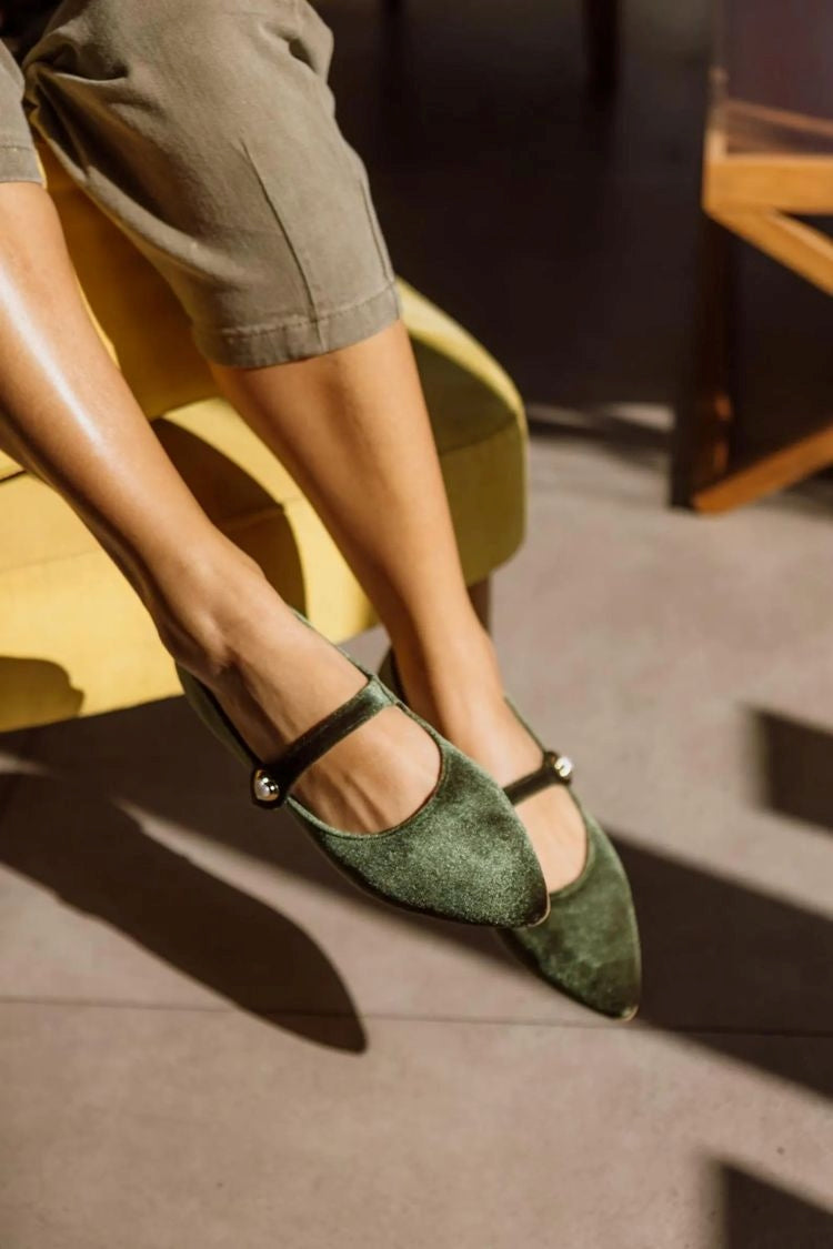 Solid Color Velvet Pointed Toe Metal Buckle Flats [Pre Order]