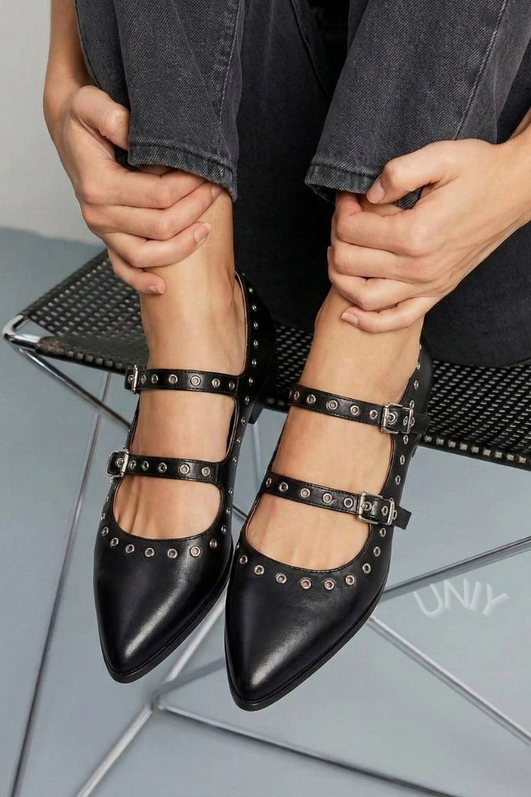 Retro Black Leather Stud Detail Buckle Strap Flats [Pre Order]