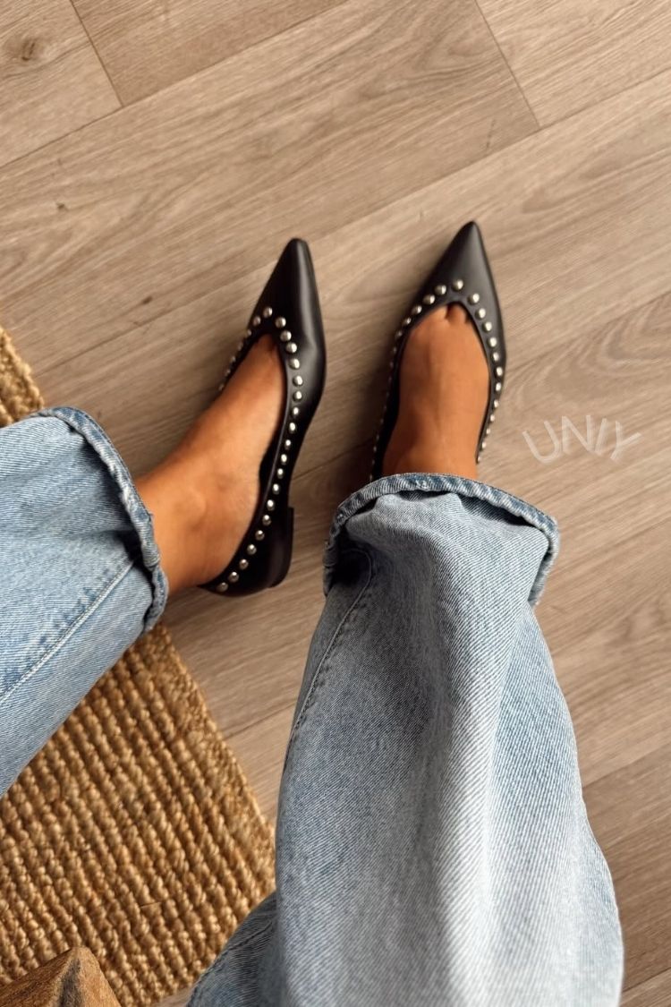 Chic Black Studded Pointed Toe Slip-On Flats [Pre Order]
