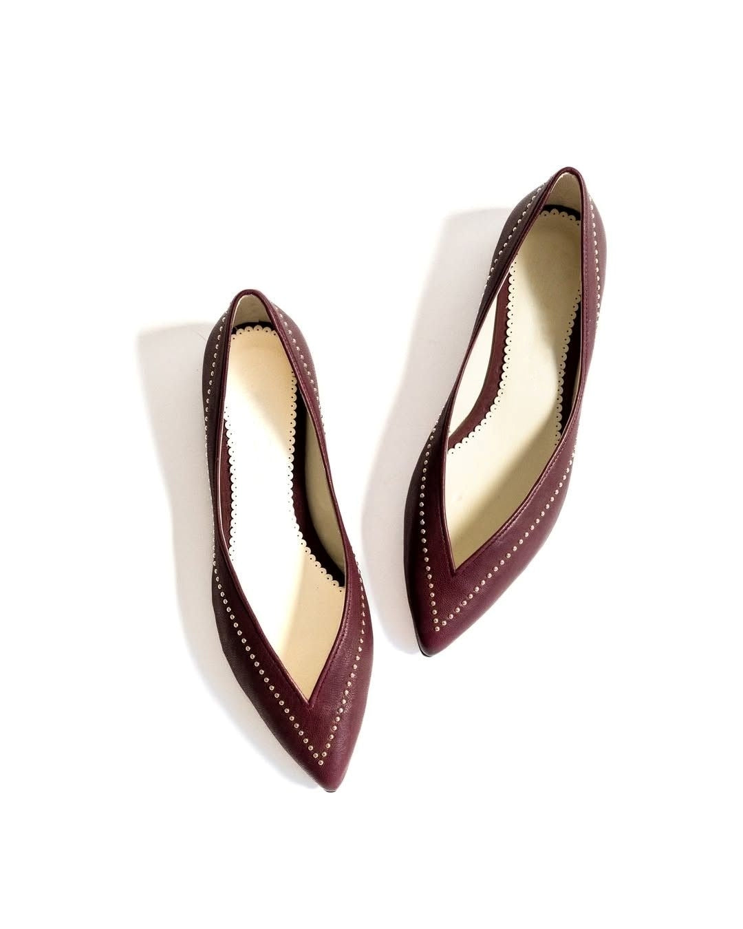 Burgundy V-Cut Studded Detail Pointed Toe Slip-On Flats [Pre Order]