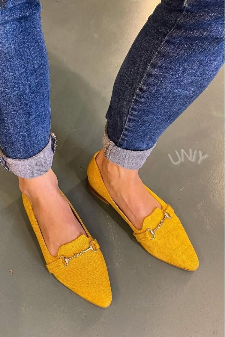 Mustard Yellow Pointed Toe Horsebit Buckle Casual Flats [Pre Order]