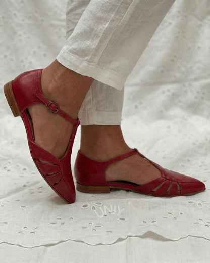 Chic Red PU Leather Pointed Toe T-Strap Cutout Flats [Pre Order]