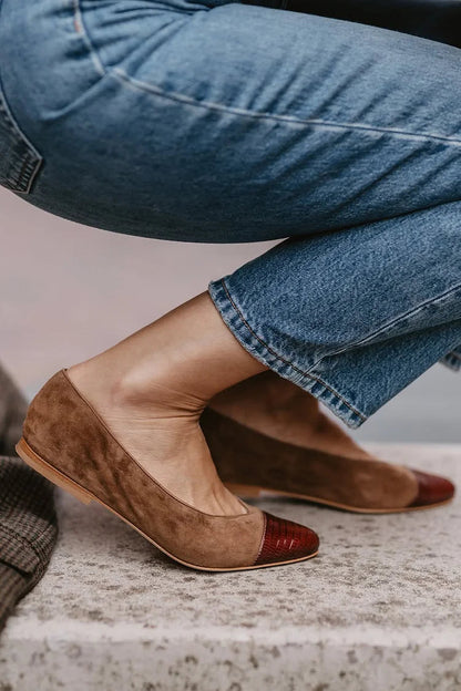 Patchwork Pointed Toe Casual Slip On Brown Flats