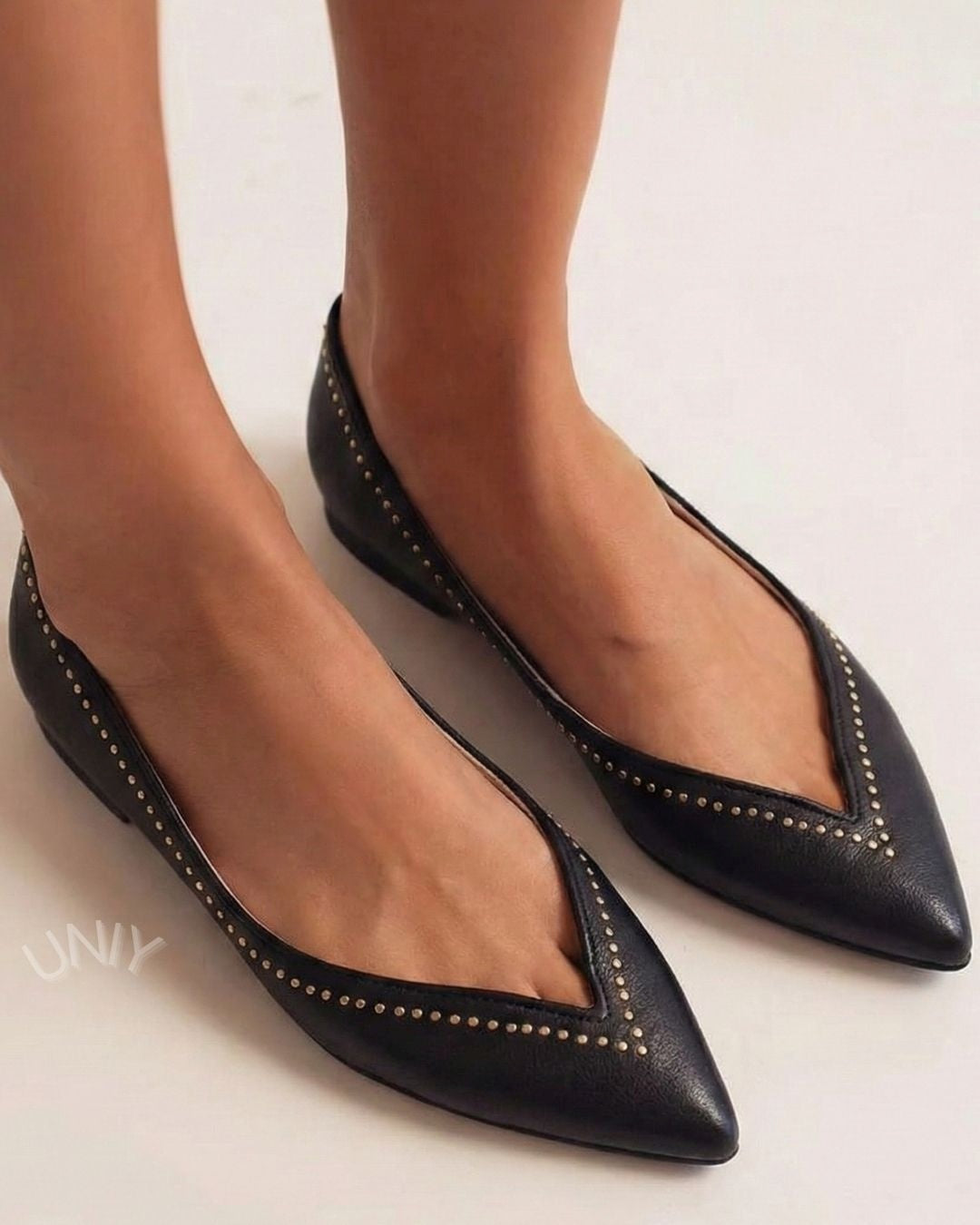 Chic Black V-Neck Pointed Toe Studded Detail Flats [Pre Order]